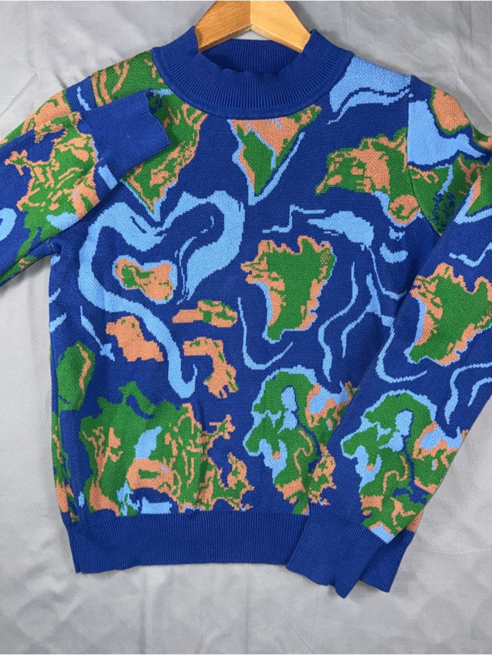 Helmstedt Sweater Womens XS Blue Earth Map Graphic Cotton Knit Mock Neck